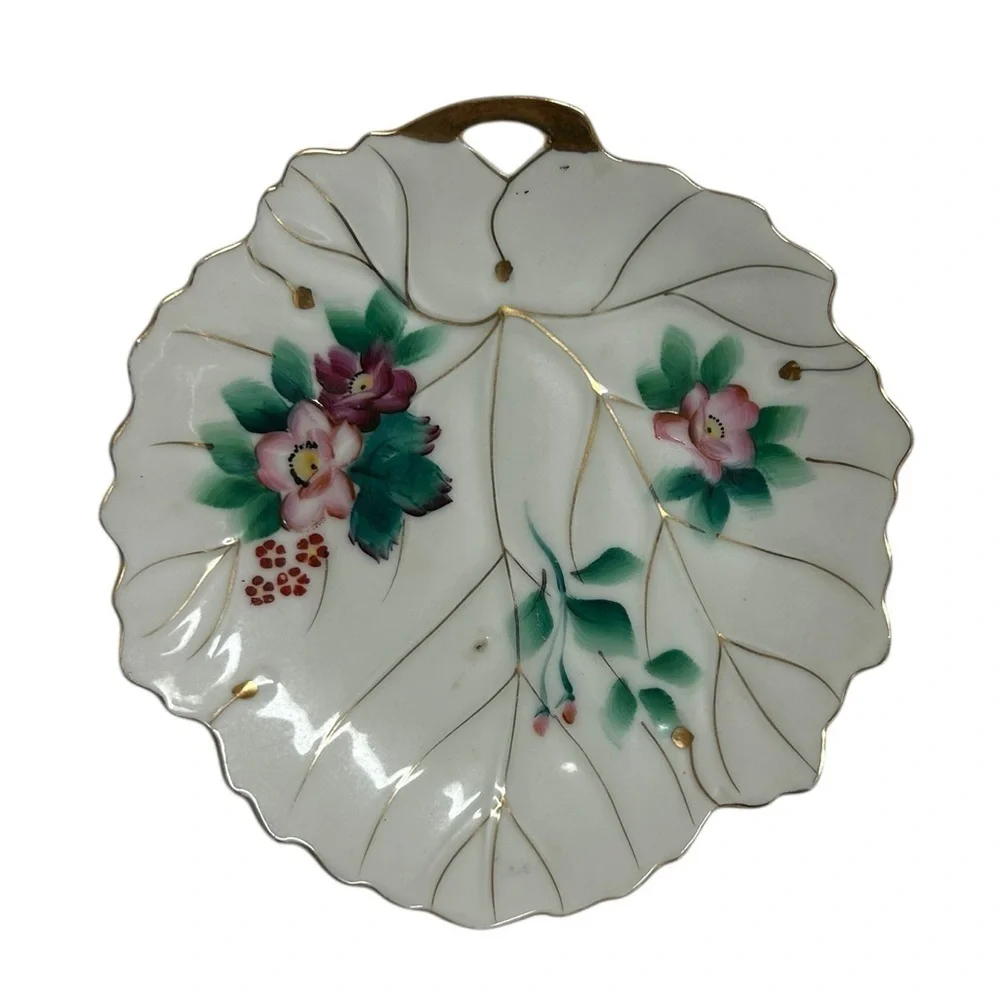 Vintage Hand Painted Leaf Shaped Plate trivet Dish hand painted floral Gold trim